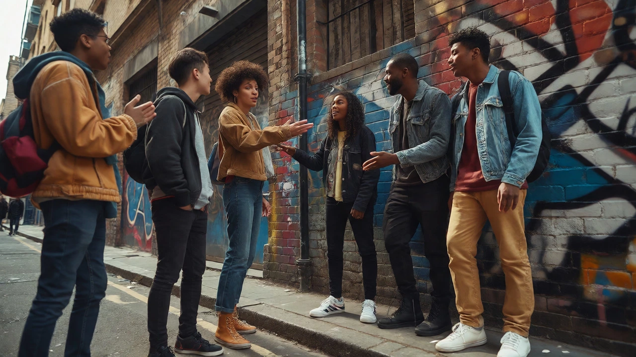 Diverse group talking animatedly in an urban alleyway