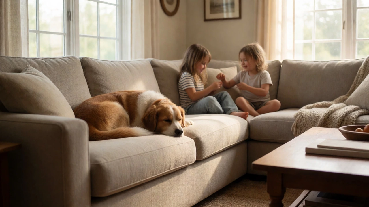 Family dog resting on a durable sectional sofa in a sunny living room.