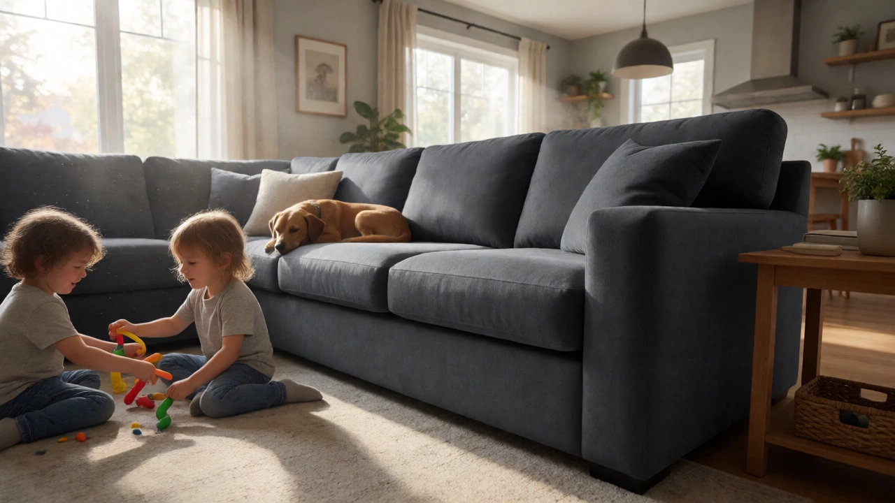 Family playing near a durable grey microfiber sofa in a sunny living room