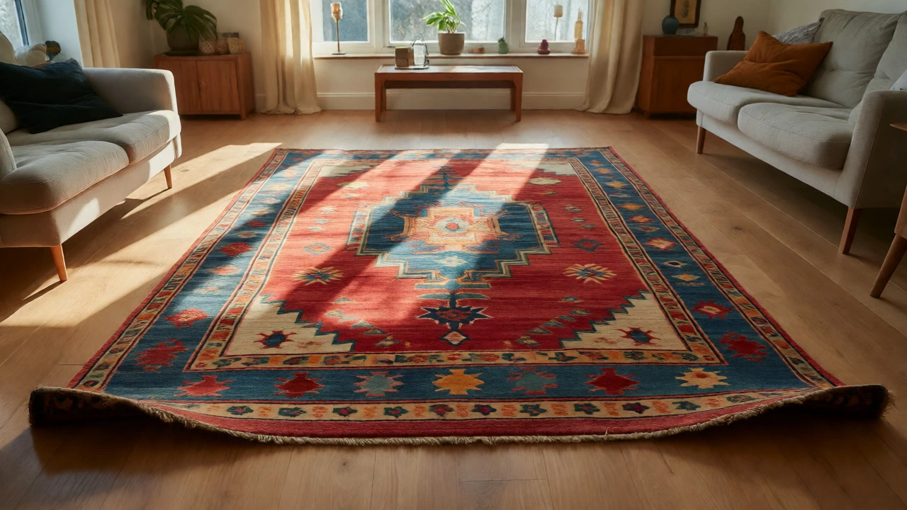 Flat-laying high-quality rug in sunlit living room showing natural dye variations.