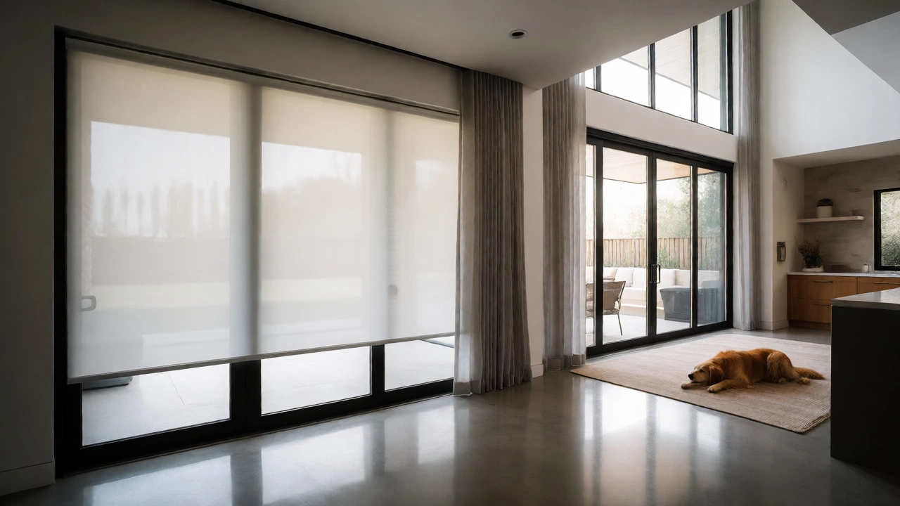Floating curtains in a modern home with a dog sleeping nearby