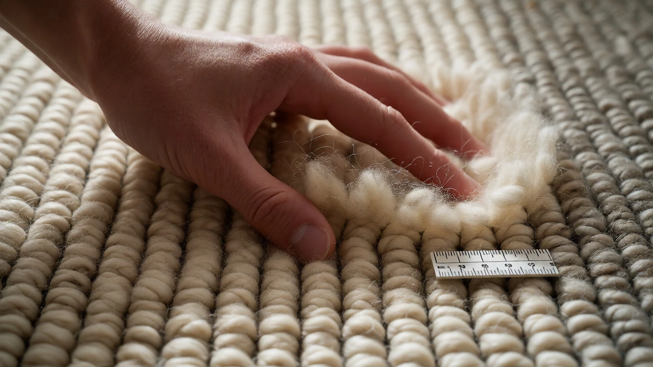 Hand pressing into dense wool rug pile to demonstrate elasticity and KPSI.