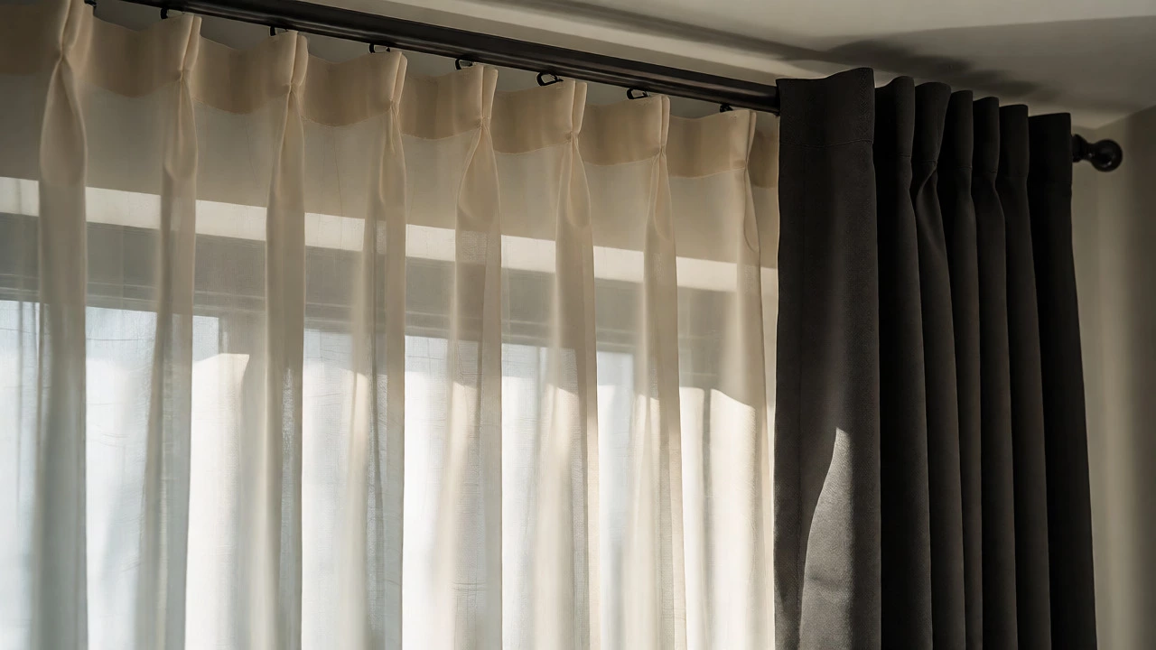 Layered sheer and blackout curtains installed on a window