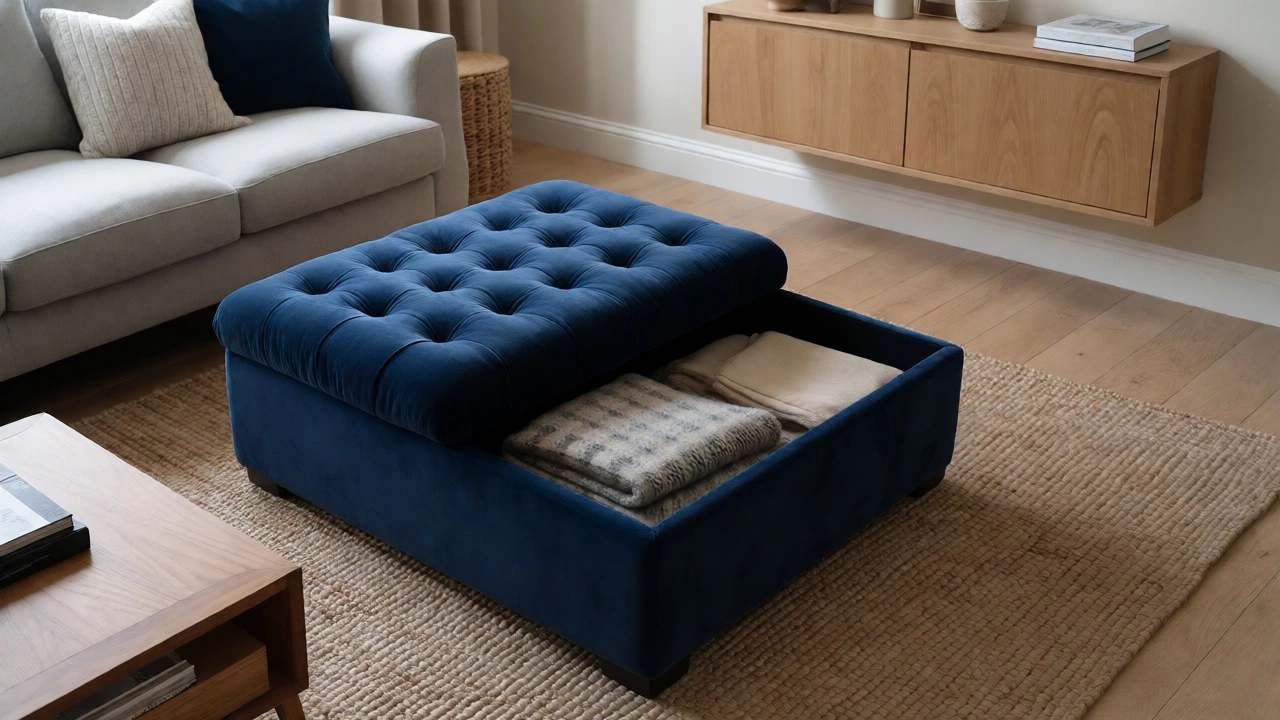 Living room with a storage ottoman holding blankets and wall-mounted cupboards hiding clutter.