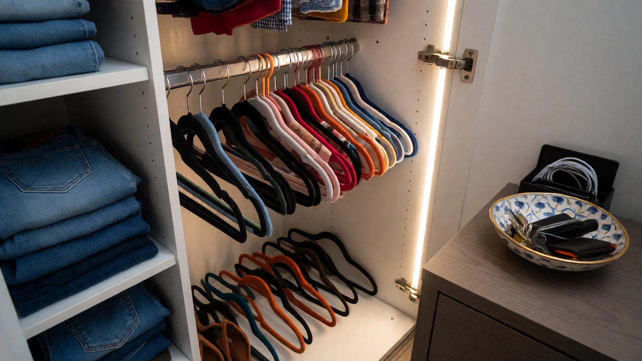 Organized closet with uniform hangers and tidy nightstand storage
