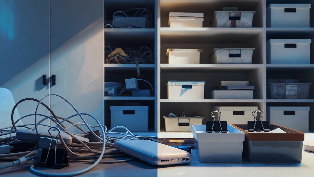 Organized tech cables on desk with conceptual background of storage types