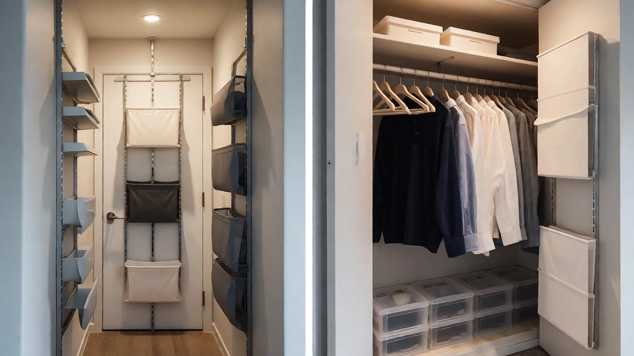 Vertical wall shelving and organized closet with double hanging rods