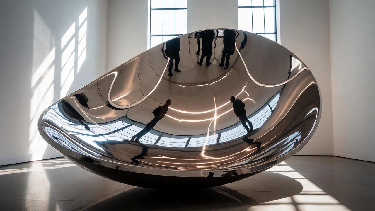 Visitors reflected in a large, warped stainless steel art sculpture.