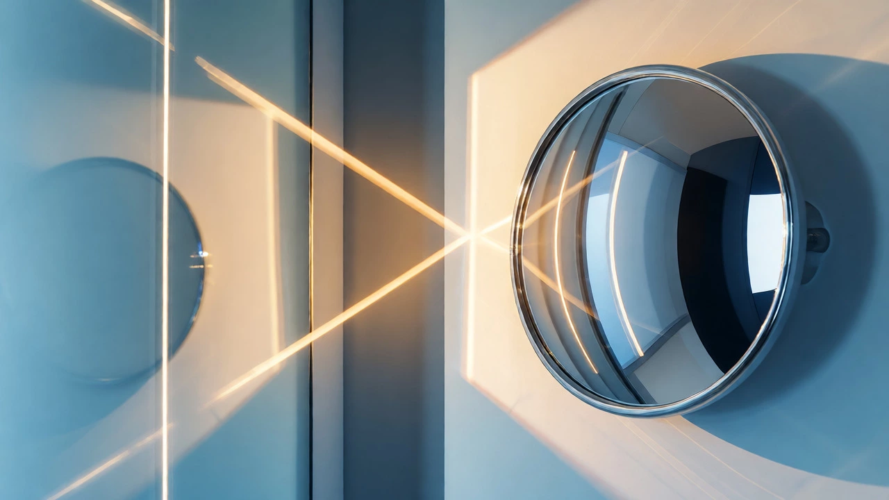 Visual comparison of light rays reflecting off flat versus convex mirrors.
