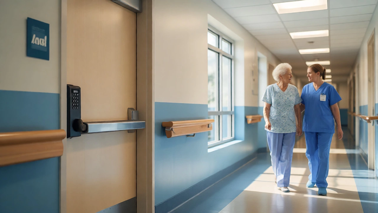 Caregiver assisting resident in secure memory care hallway