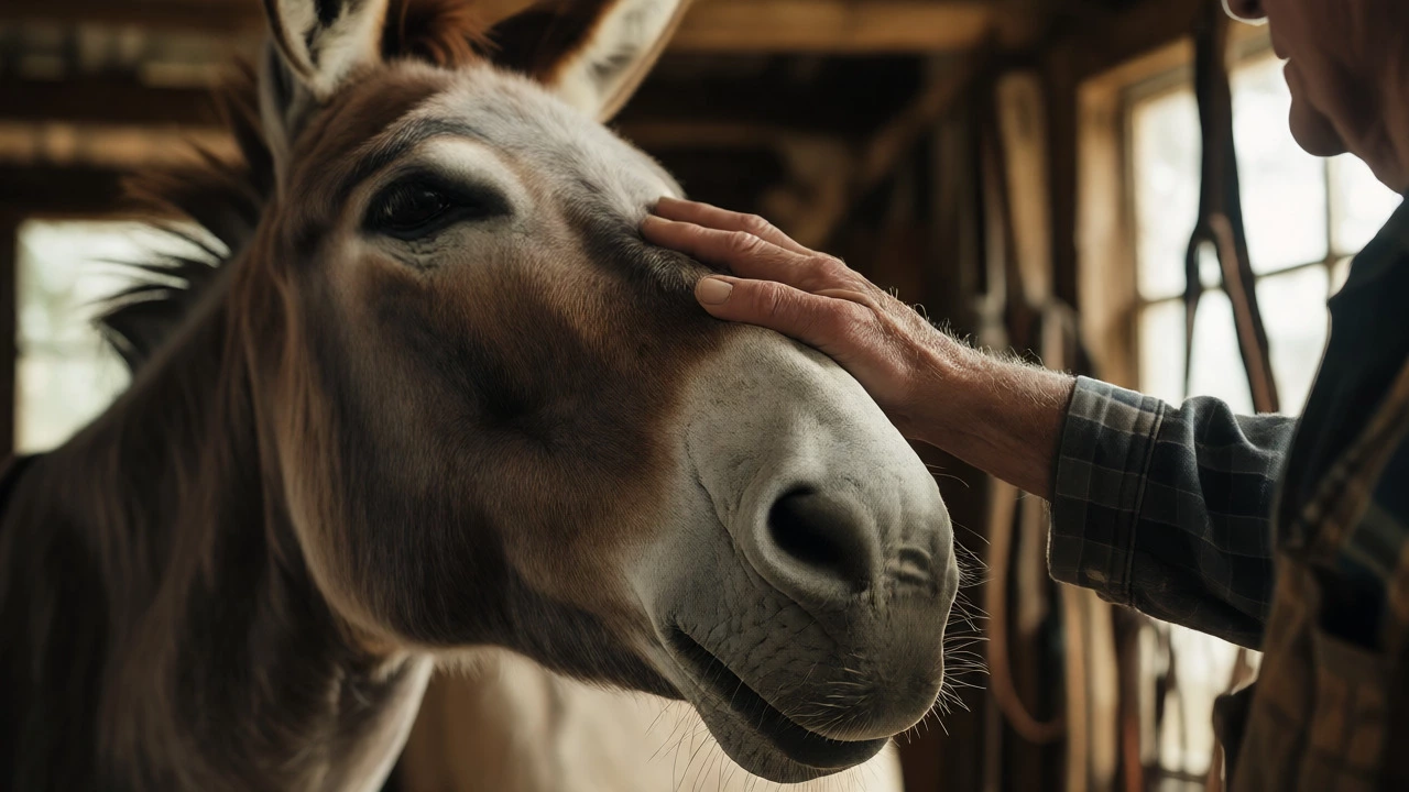 Close-up of a farmer's hand petting a donkey inside a rustic barn