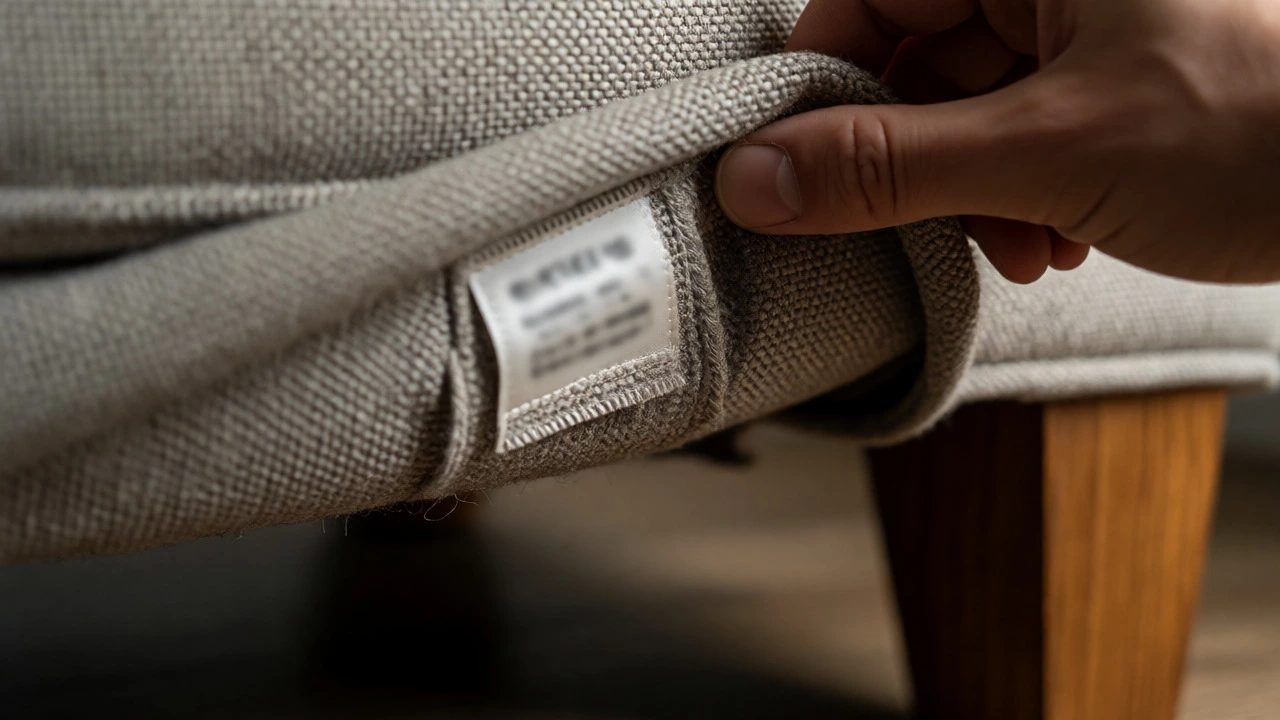 Close-up of a hand checking the sewn-in care label on the underside of a durable hardwood-framed sofa.
