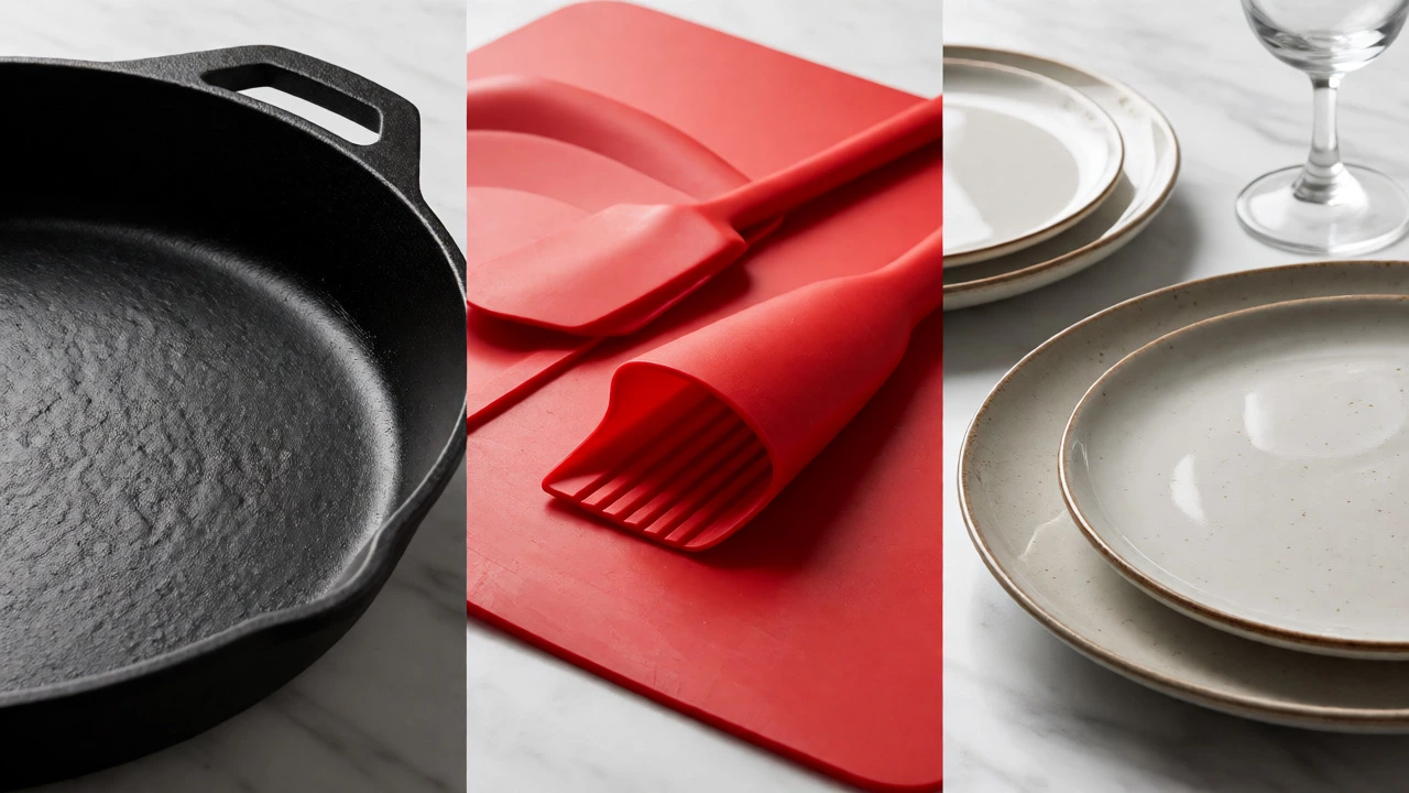 Close-up of cast iron, silicone, and ceramic kitchenware arranged on a marble surface.