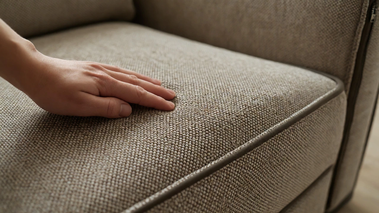 Close-up of durable synthetic microfiber fabric being rubbed to test stain resistance.