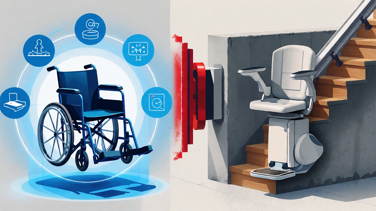 Conceptual graphic separating a wheelchair from a stair lift to show coverage differences.