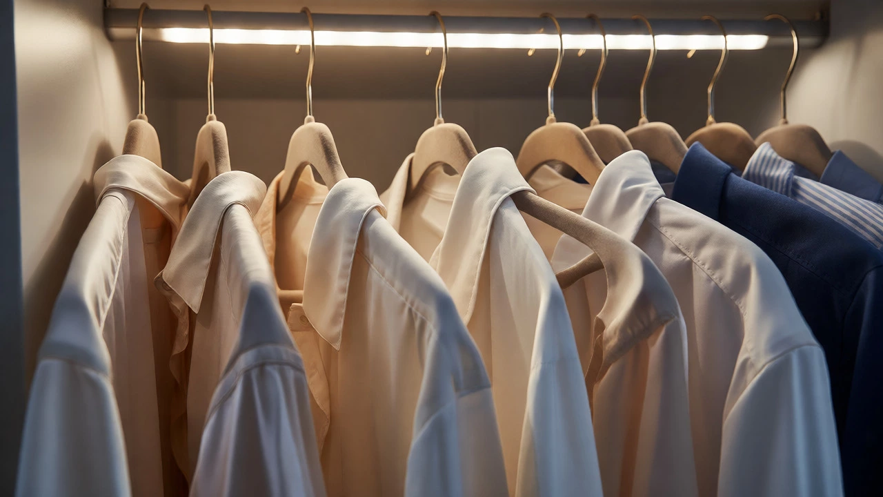 Crushed silk shirts on hangers in a tight closet