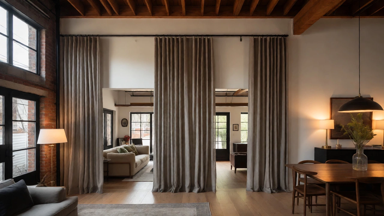Greige curtains defining zones in a modern open-plan home