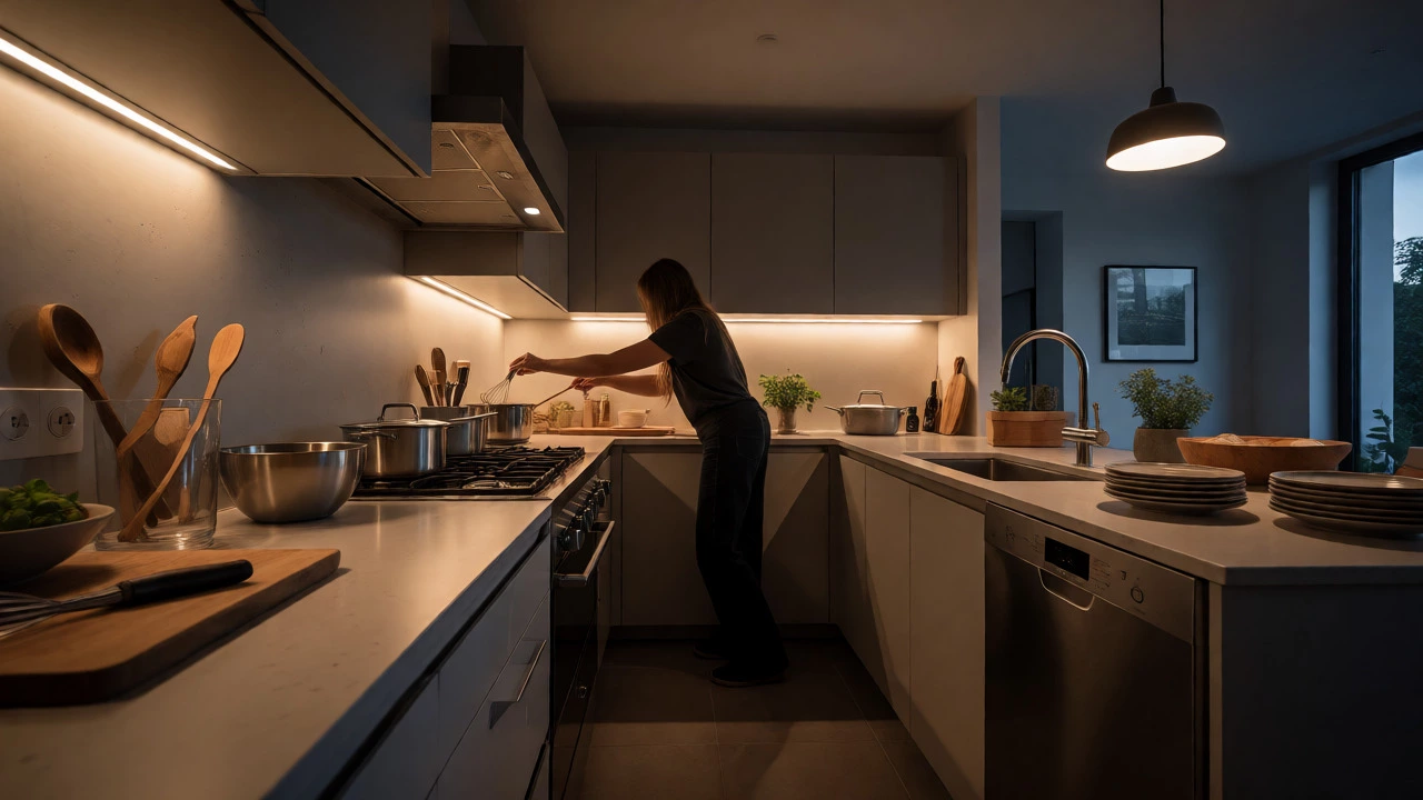 Hands organizing kitchen utensils by function in a warmly lit modern kitchen.