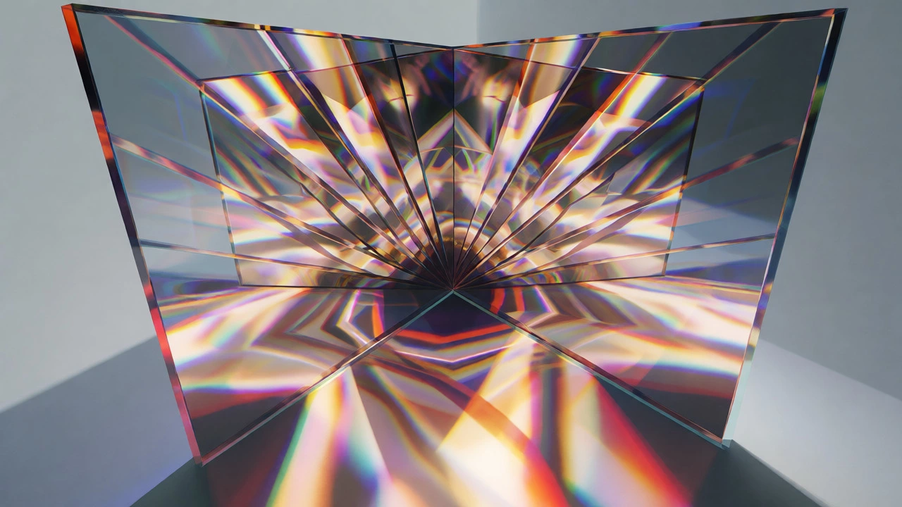 Kaleidoscopic geometric patterns formed by light reflecting between two angled mirrors