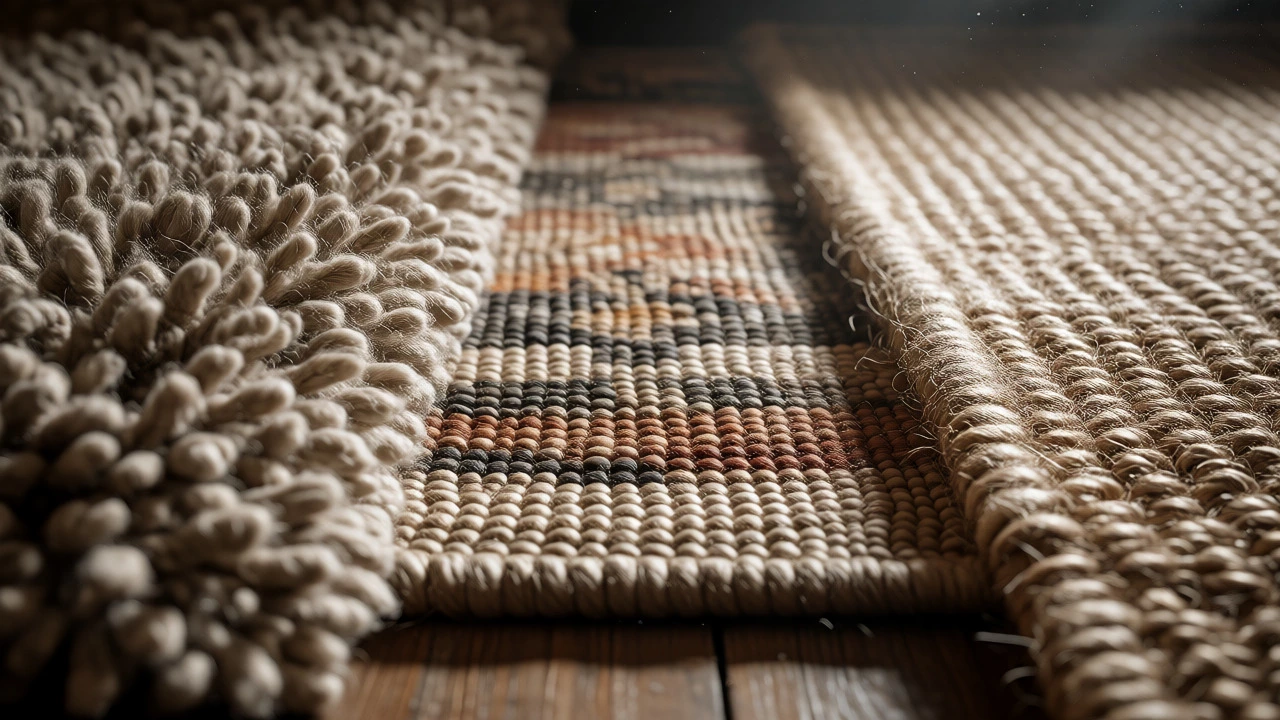 Macro close-up comparing the textures of shag, flatweave, and jute rugs side-by-side.