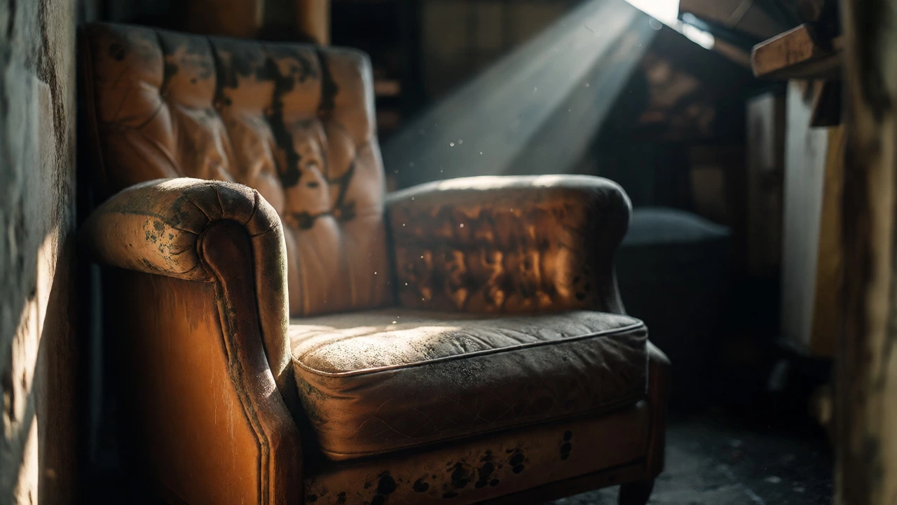 Moldy vintage furniture stored in a damp, dark garage corner