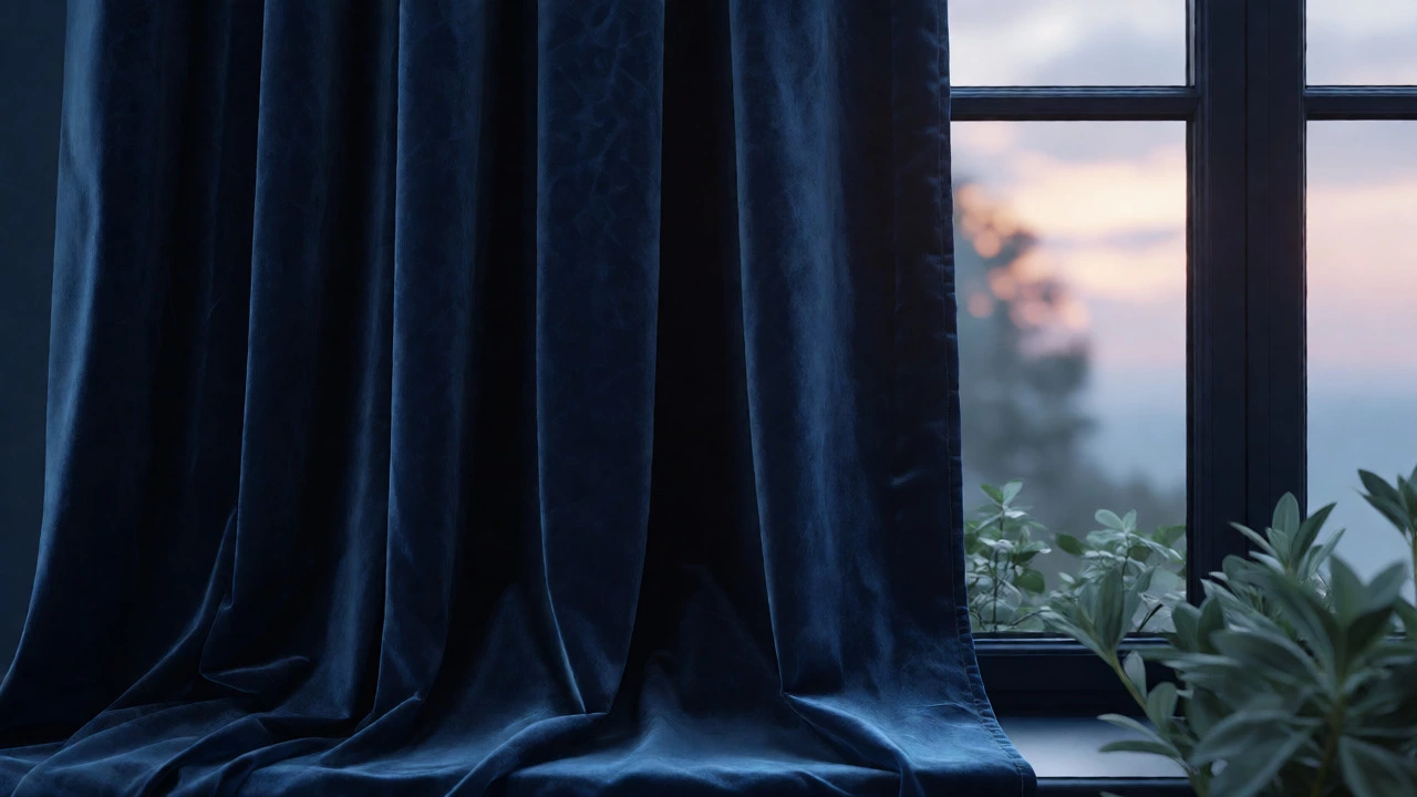 Navy blue velvet curtains framing a bedroom window at dawn