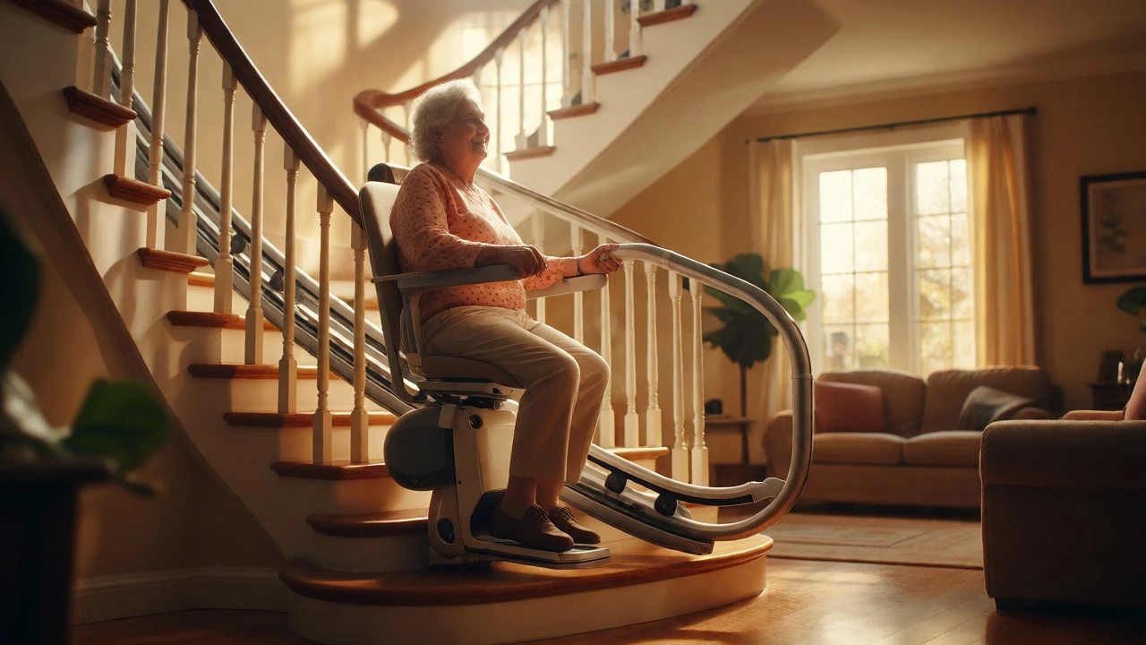 Older adult sitting comfortably on a curved stair lift in a sunlit home.