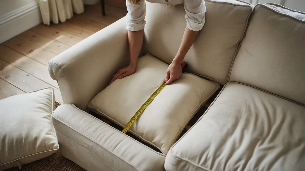 Person measuring a sofa seat cavity with a tape measure to ensure correct cushion fit.