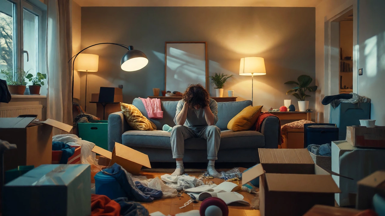 Person stressed by cluttered living room filled with scattered boxes