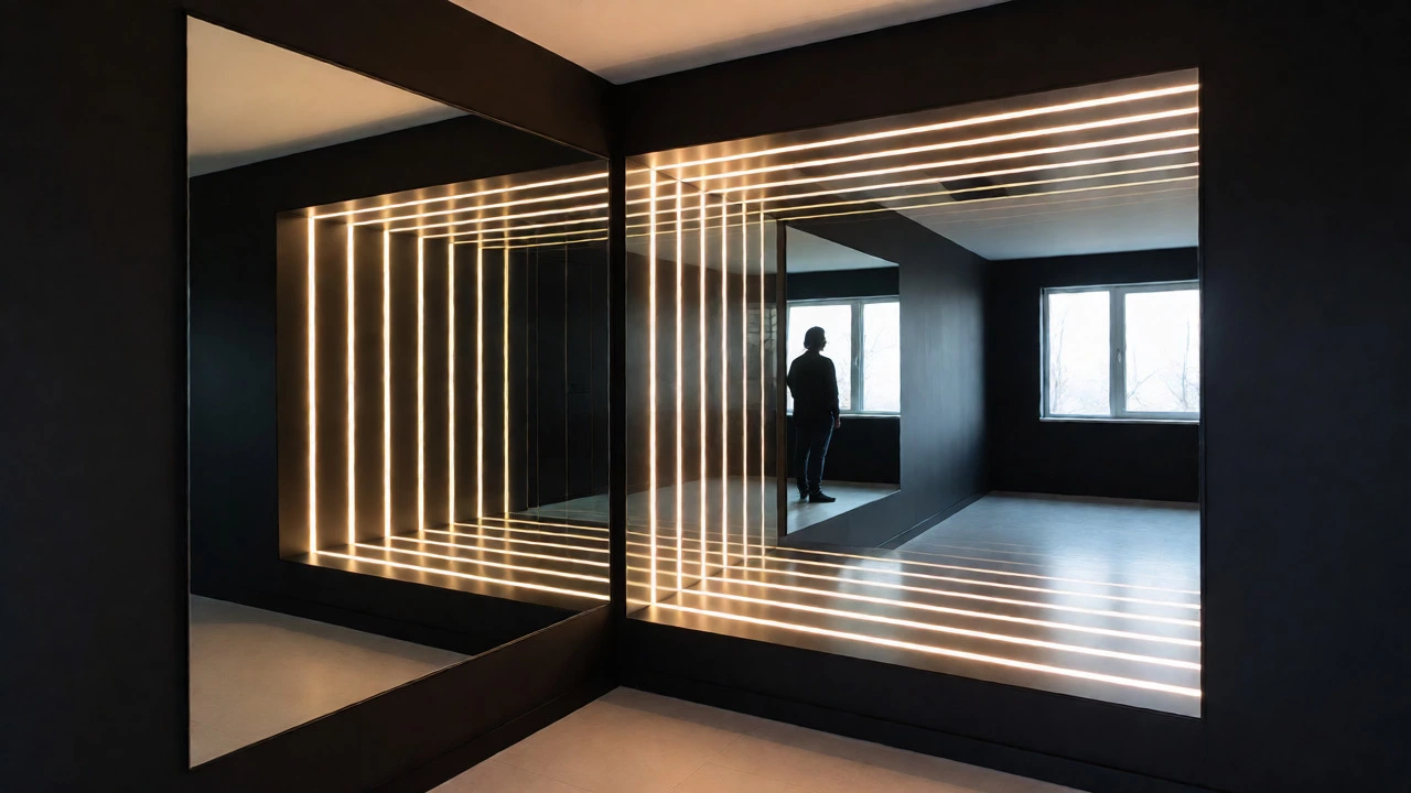 Person viewed through an infinity mirror installation in a modern dark-walled room