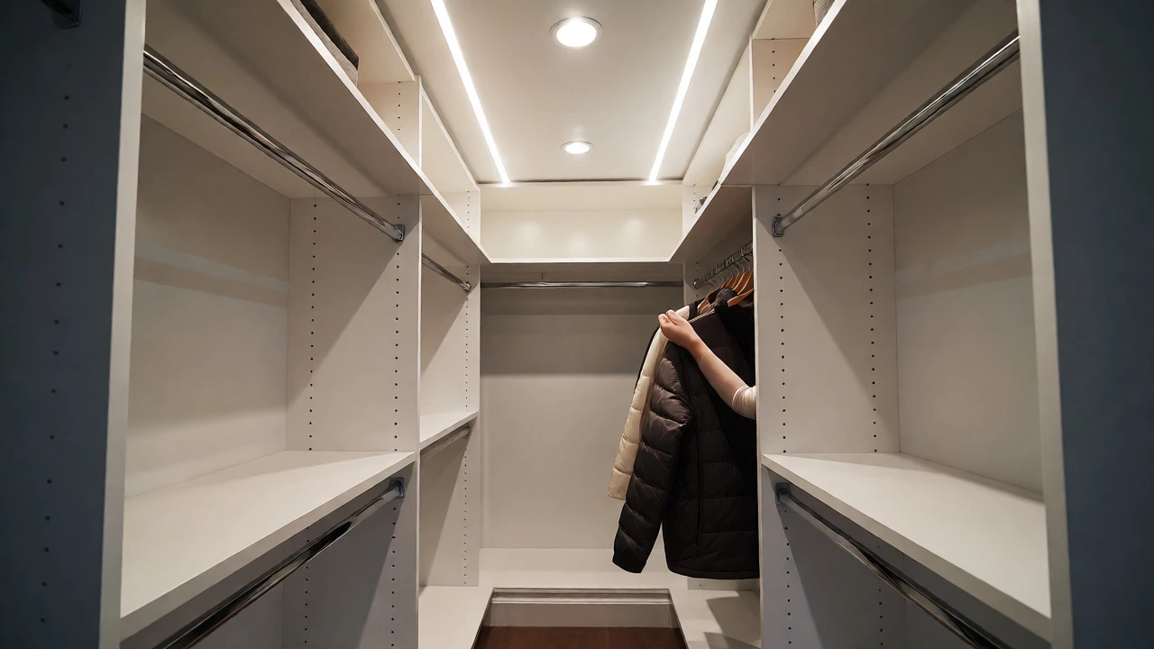Spacious walk-in closet with deep shelves and easy access