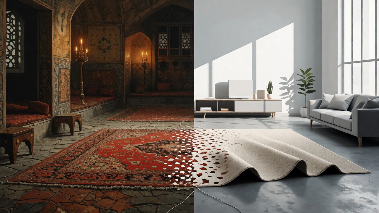 Split-screen illustration contrasting historic Persian rug interiors with modern minimalist rug usage.