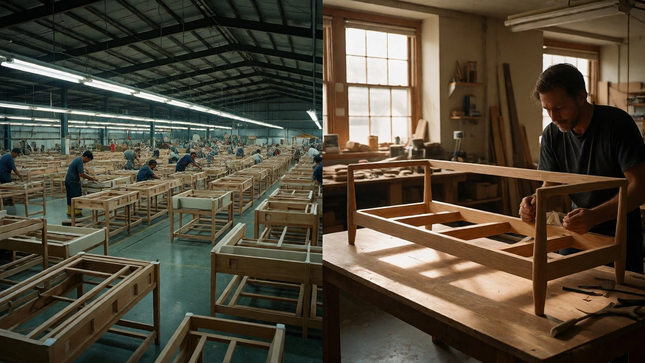Split view comparing an overseas mass-production factory with a US-based artisanal woodworking workshop.