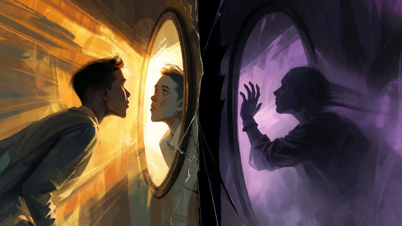 Surreal split image showing a person attracted to a bright mirror and another fearing a dark one.