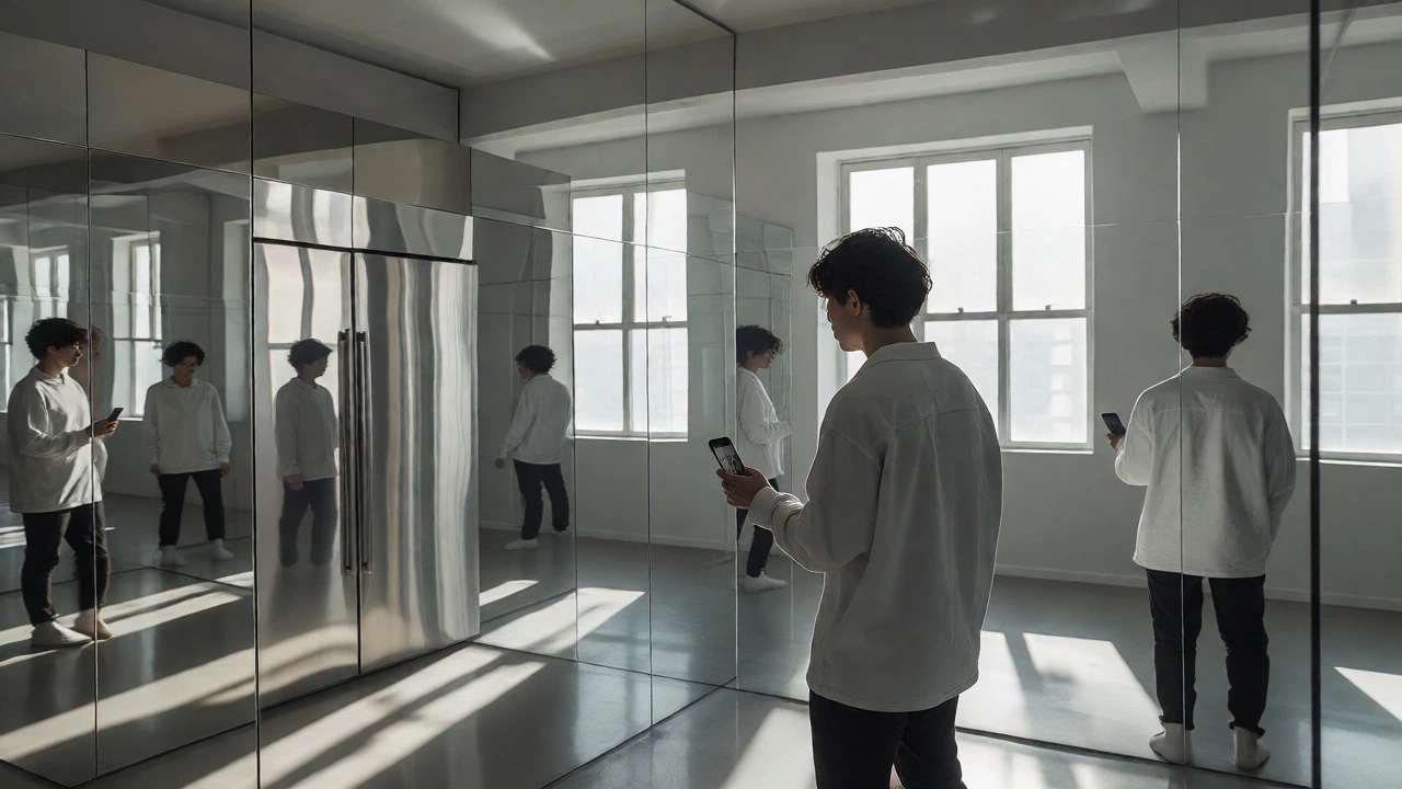 Tired individual ignoring their phone's front camera amidst many reflective surfaces in a modern home.